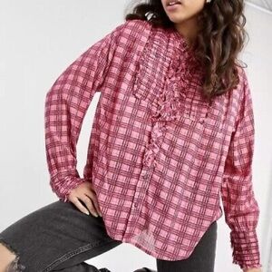 Free People Miles Plaid Check Tuxedo Blouse Size S Ruffles Relaxed Pink Combo